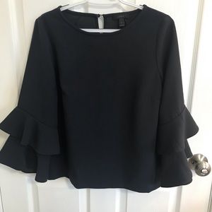 Navy J Crew Tiered Bell Sleeve Blouse